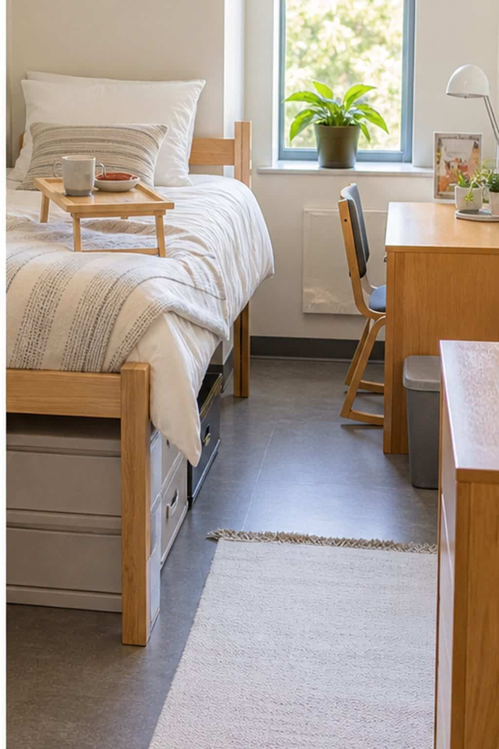 Single dorm room with clear guest seating, a compact tray, and closed storage bins.