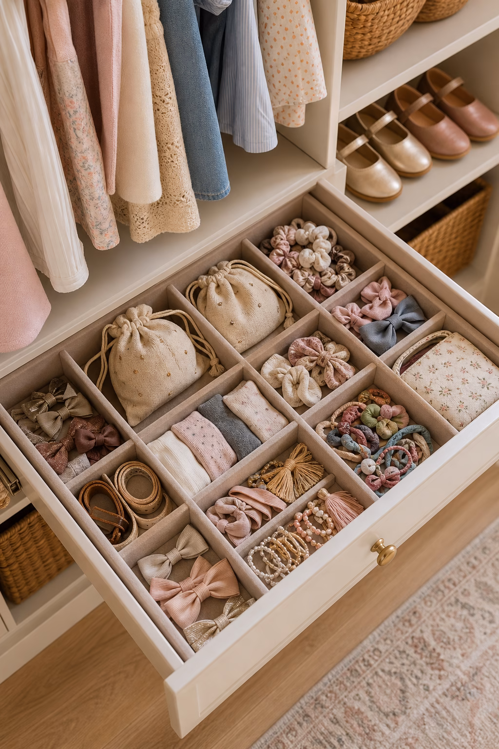 Divided accessory drawer in a kids closet with bows, socks, pouches, belts, and small organized items.