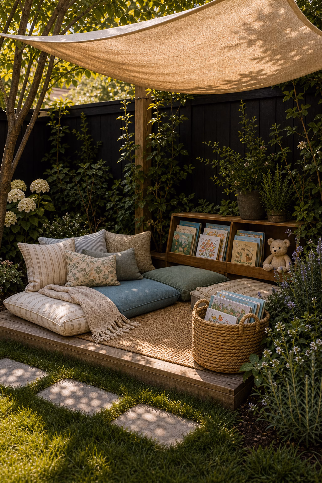 create a cozy reading nook outside shown in a polished kids backyard with realistic materials and natural light.