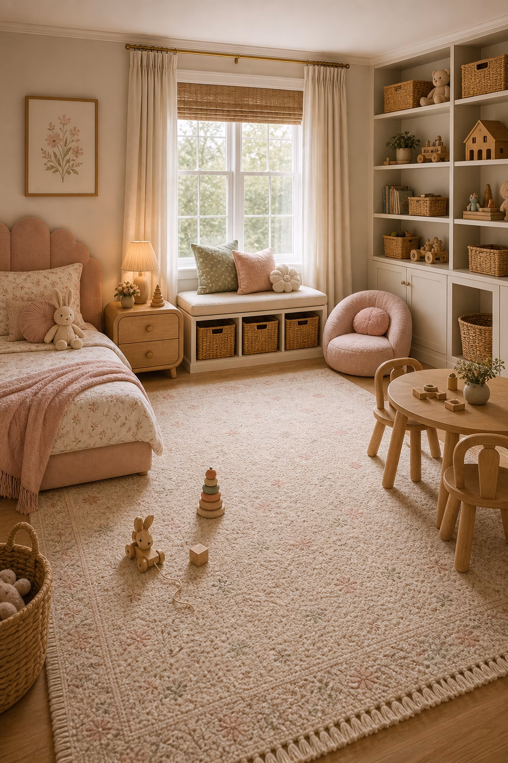 leave open floor space for real play shown in a polished toddler girl bedroom with realistic materials and natural light.
