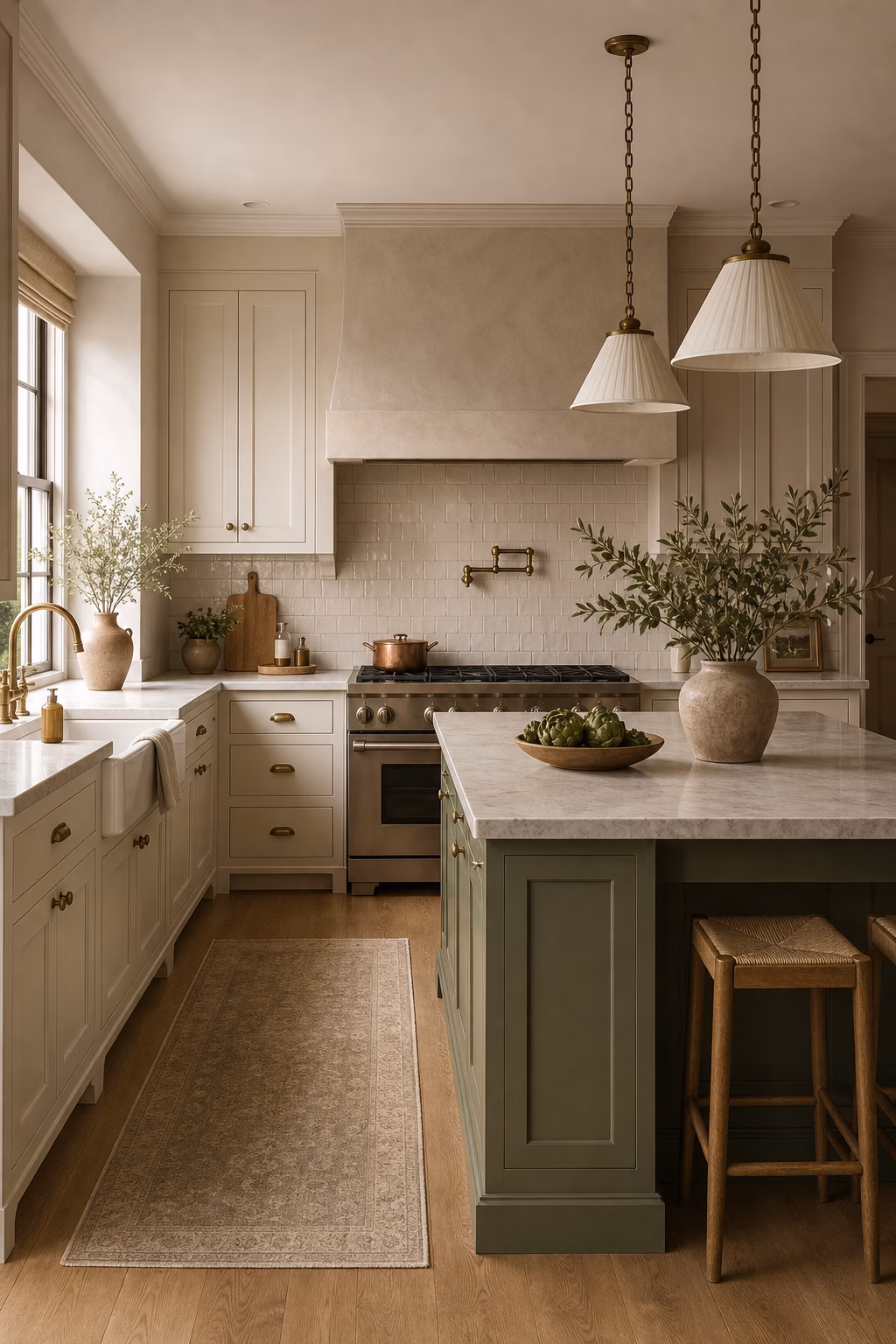Sage green kitchen island with cream cabinetry and stone counters