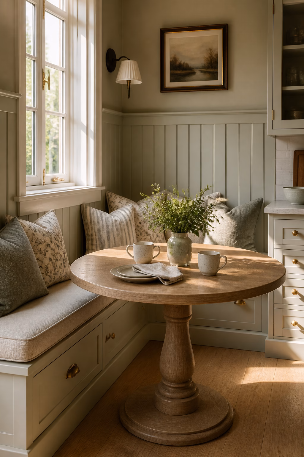 Breakfast nook with painted wainscoting or beadboard for architectural warmth.