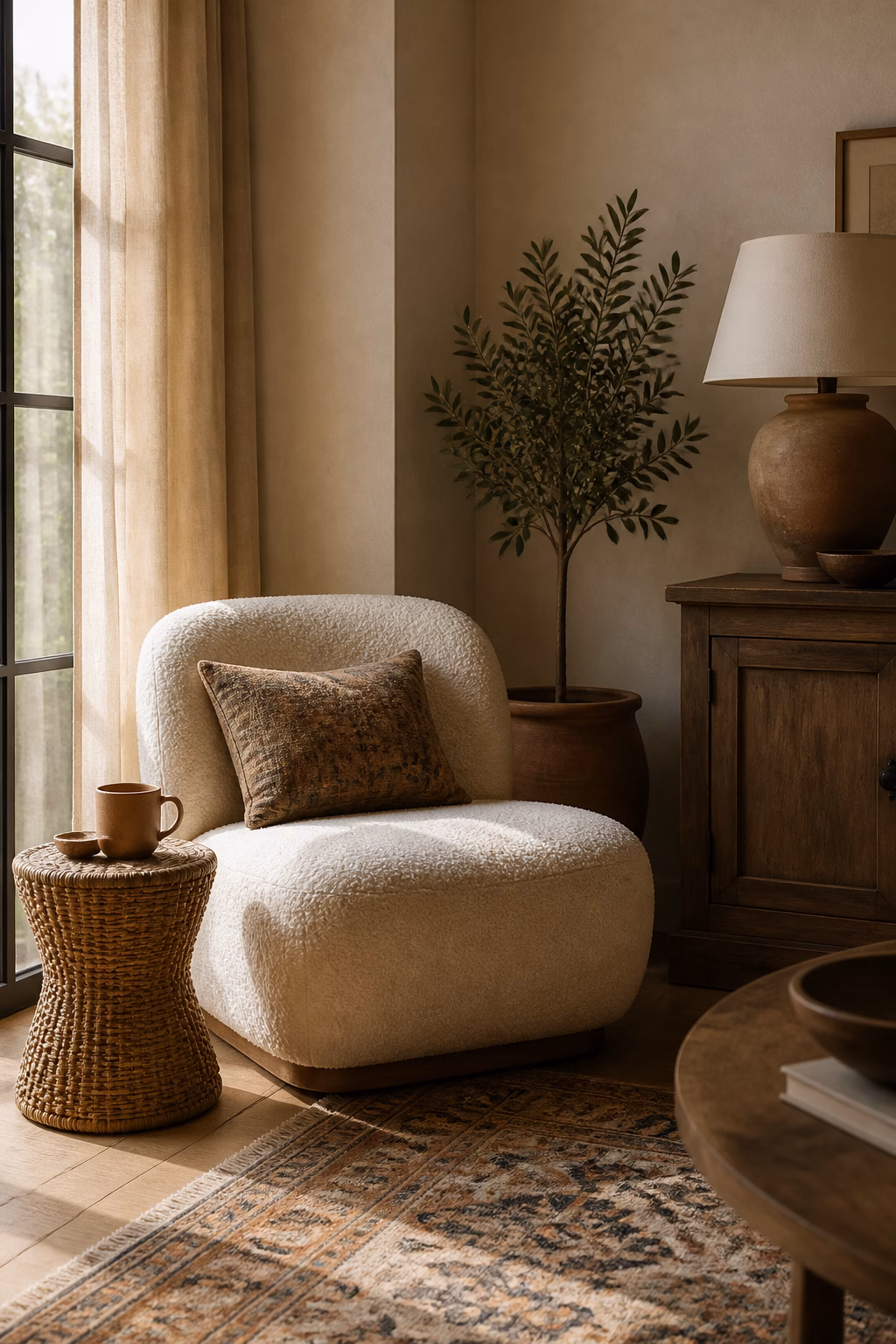 Boho reading corner with boucle chair woven table lamp and plant