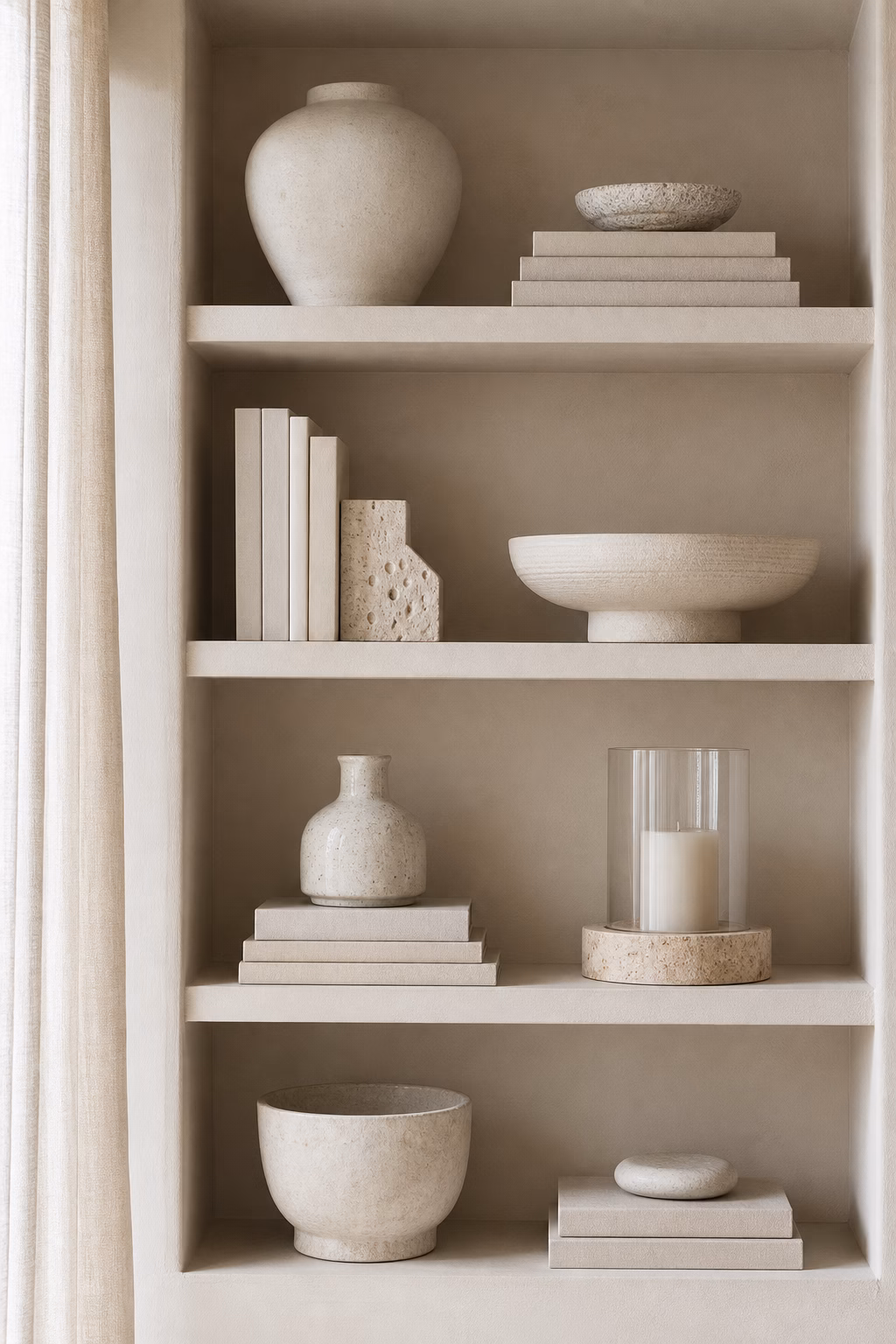 Warm white monochrome shelf decor using varied textures
