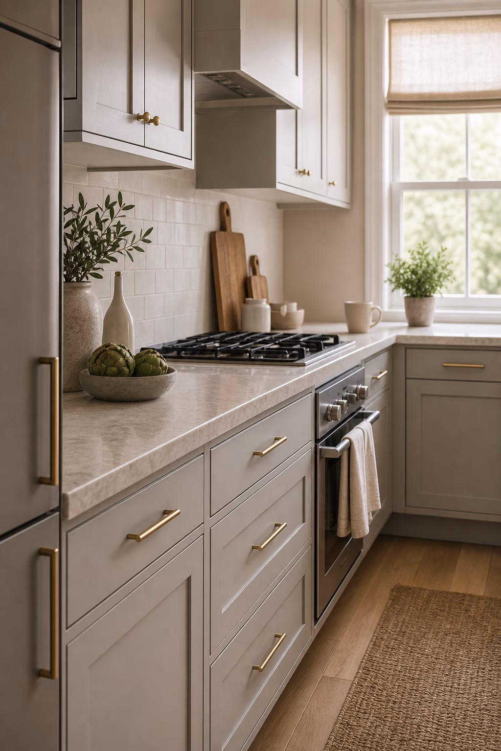 keep hardware slim and consistent shown in a polished small kitchen with realistic materials and natural light.