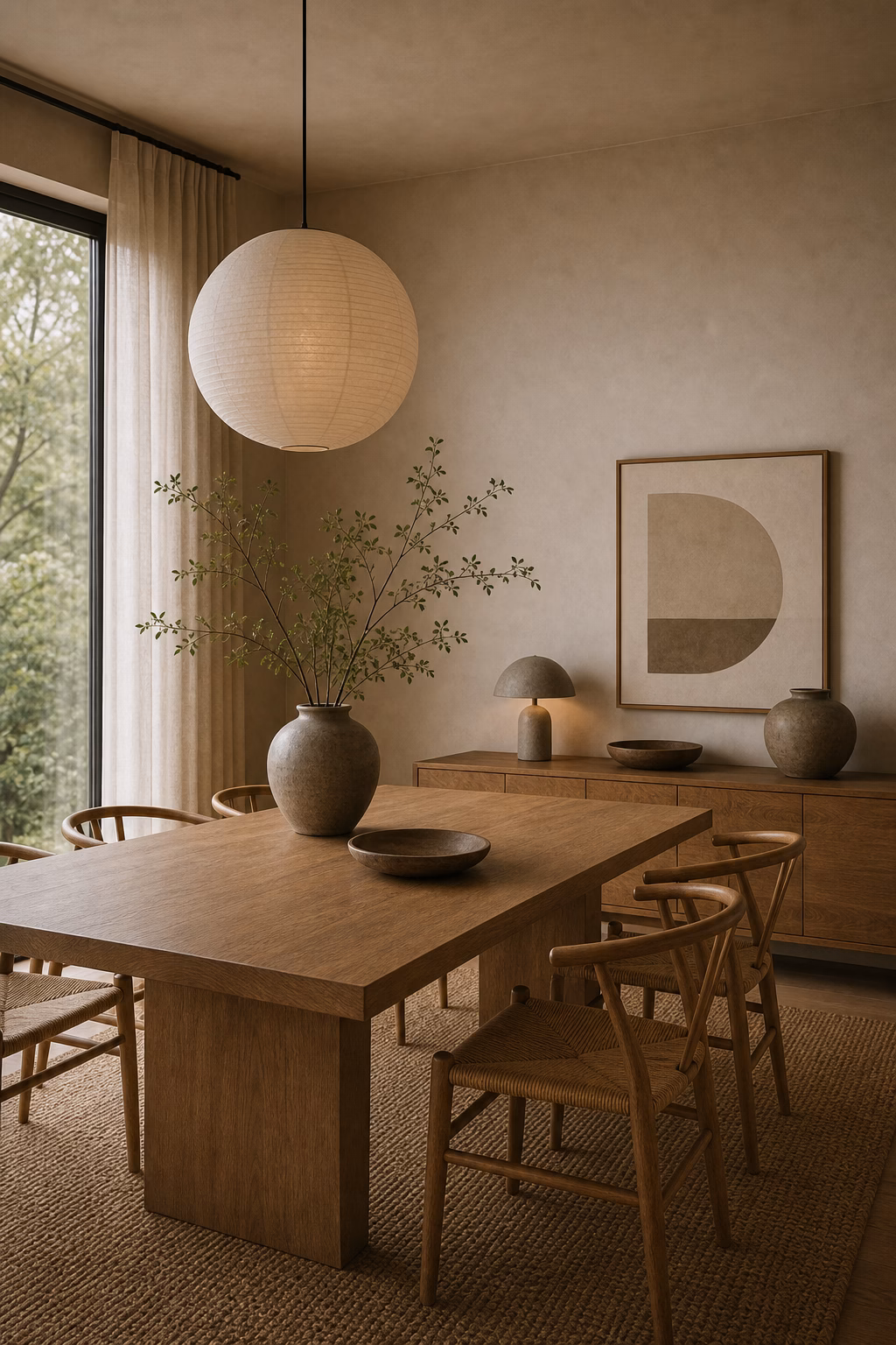 keep art low and restrained shown in a polished Japandi dining room with realistic materials and natural light.