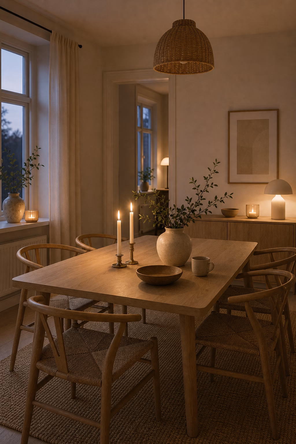 create warmth with candlelight shown in a polished Scandinavian dining room with realistic materials and natural light.