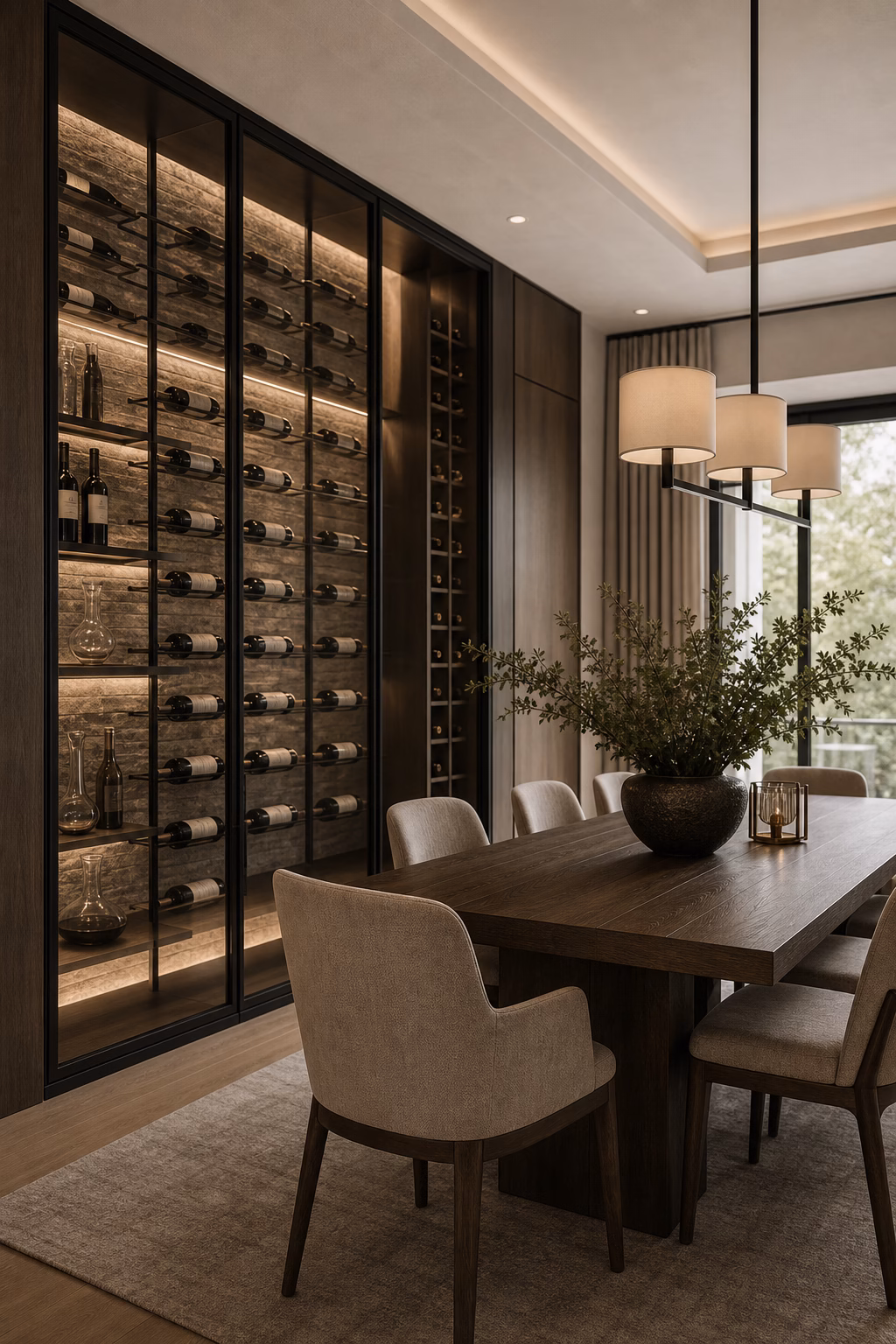 Integrated contemporary dining room wine wall beside a refined table.