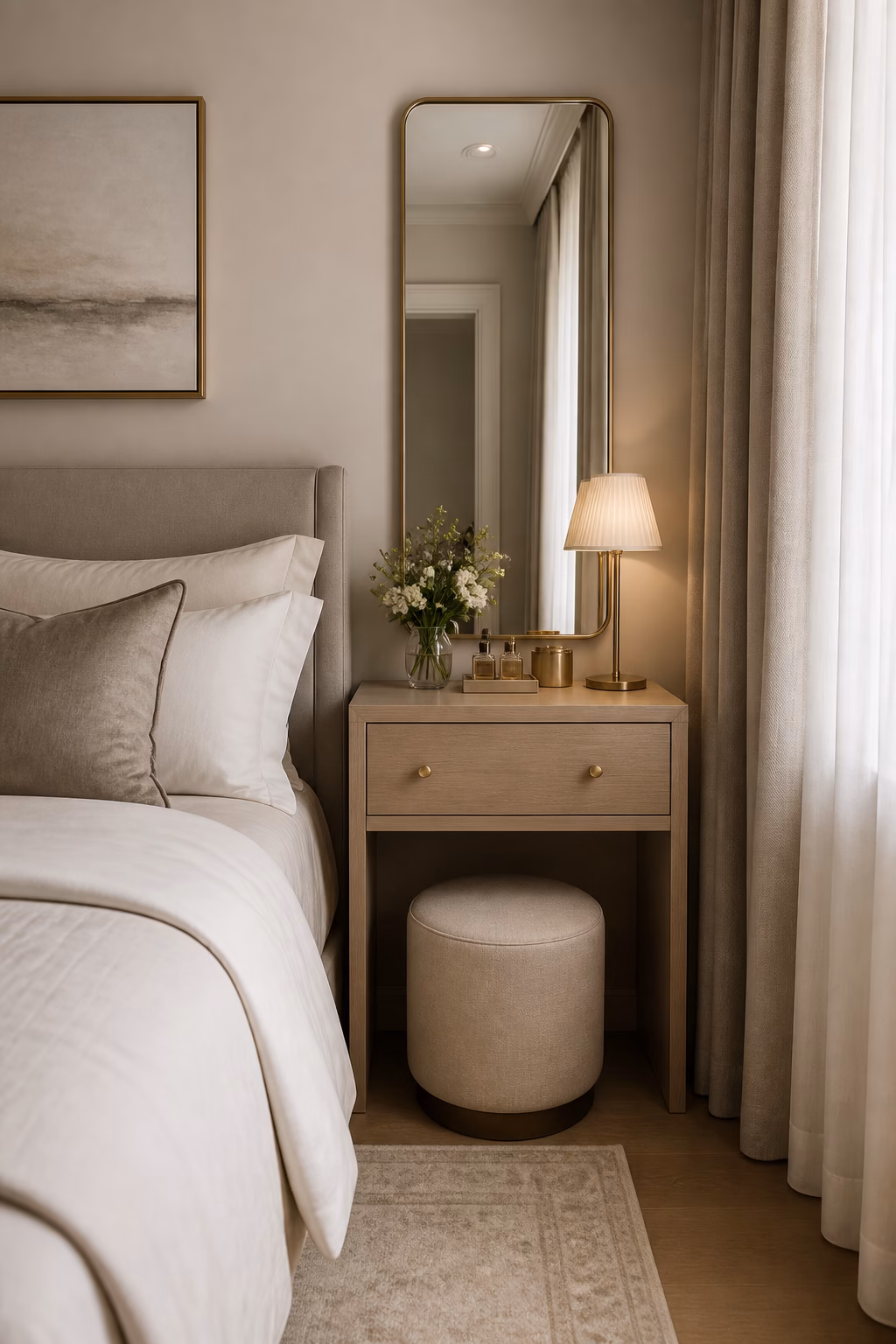Compact dressing table used as a bedside nightstand in a small bedroom.