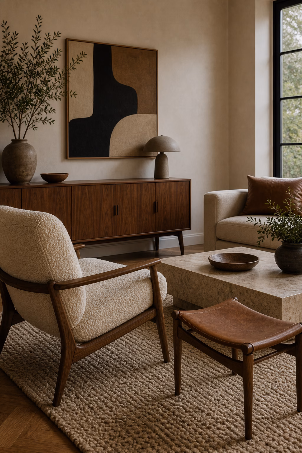 Mid-century living room with boucle chair wool rug and leather accents