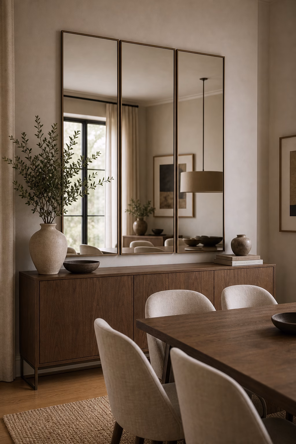Triptych long mirror panels adding architectural rhythm to a narrow dining room