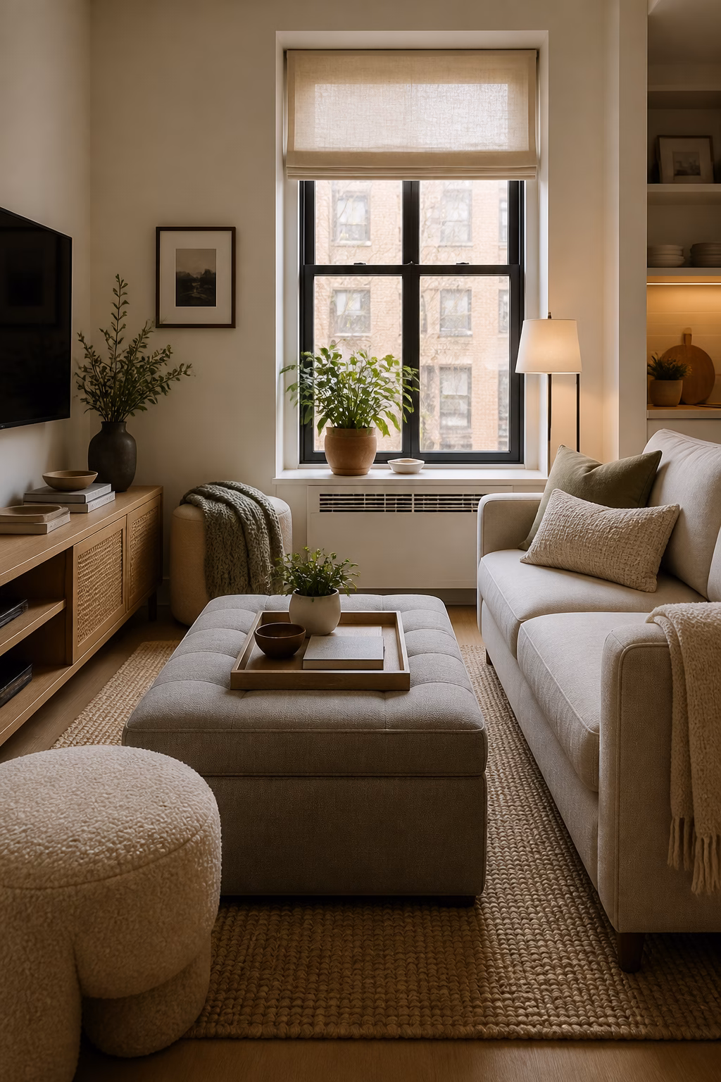 Tailored ottoman used as table and extra seating in apartment