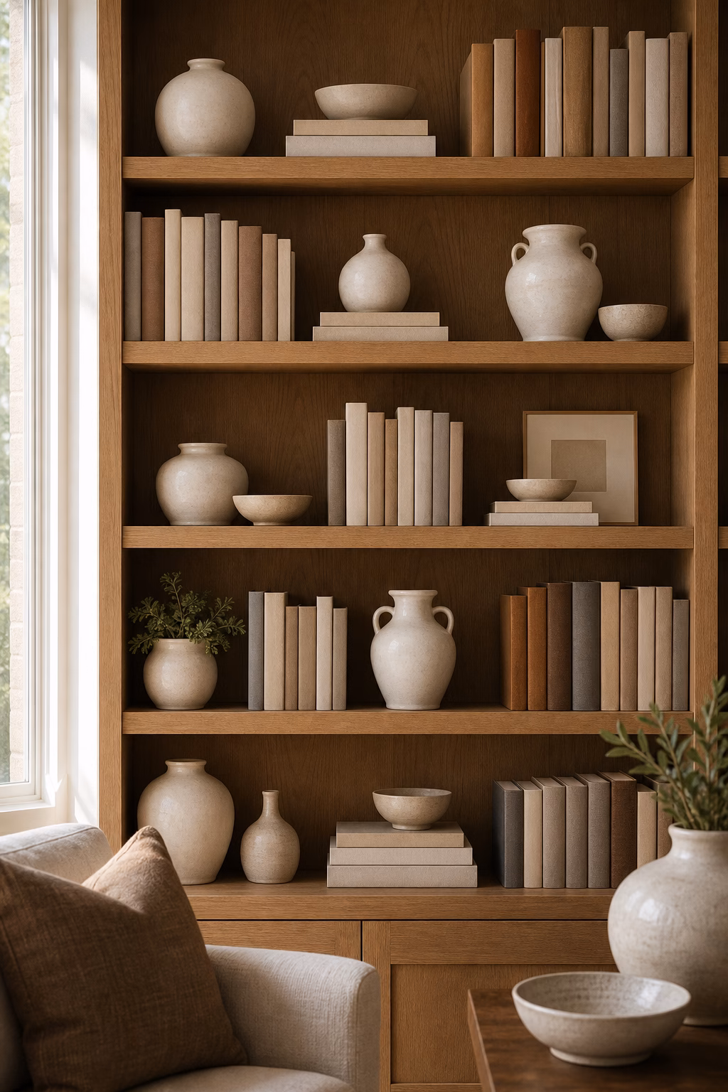 Repeated warm white ceramics calming a busy bookshelf