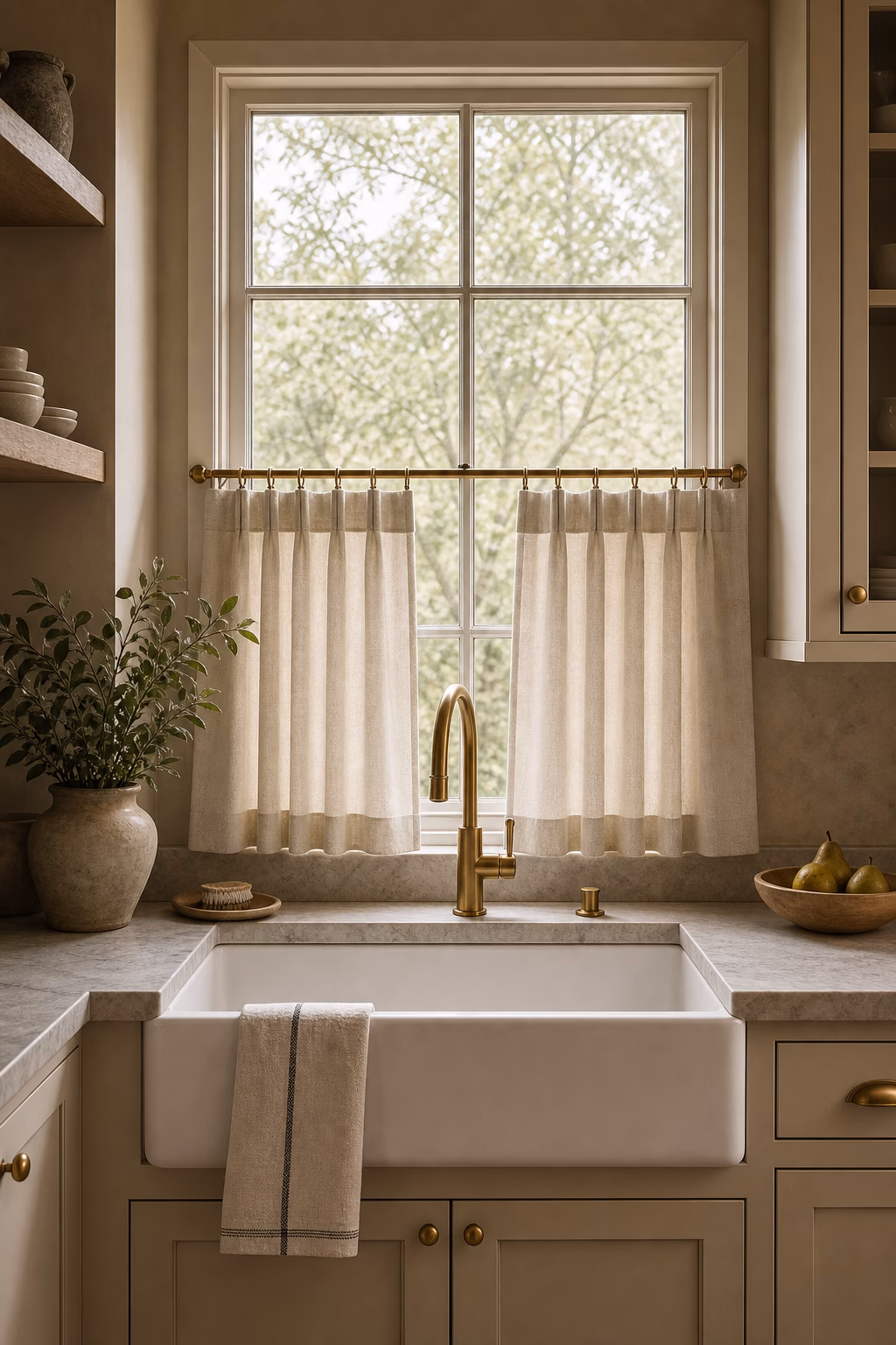 Kitchen sink window with tailored linen cafe curtains and warm vintage modern finishes.