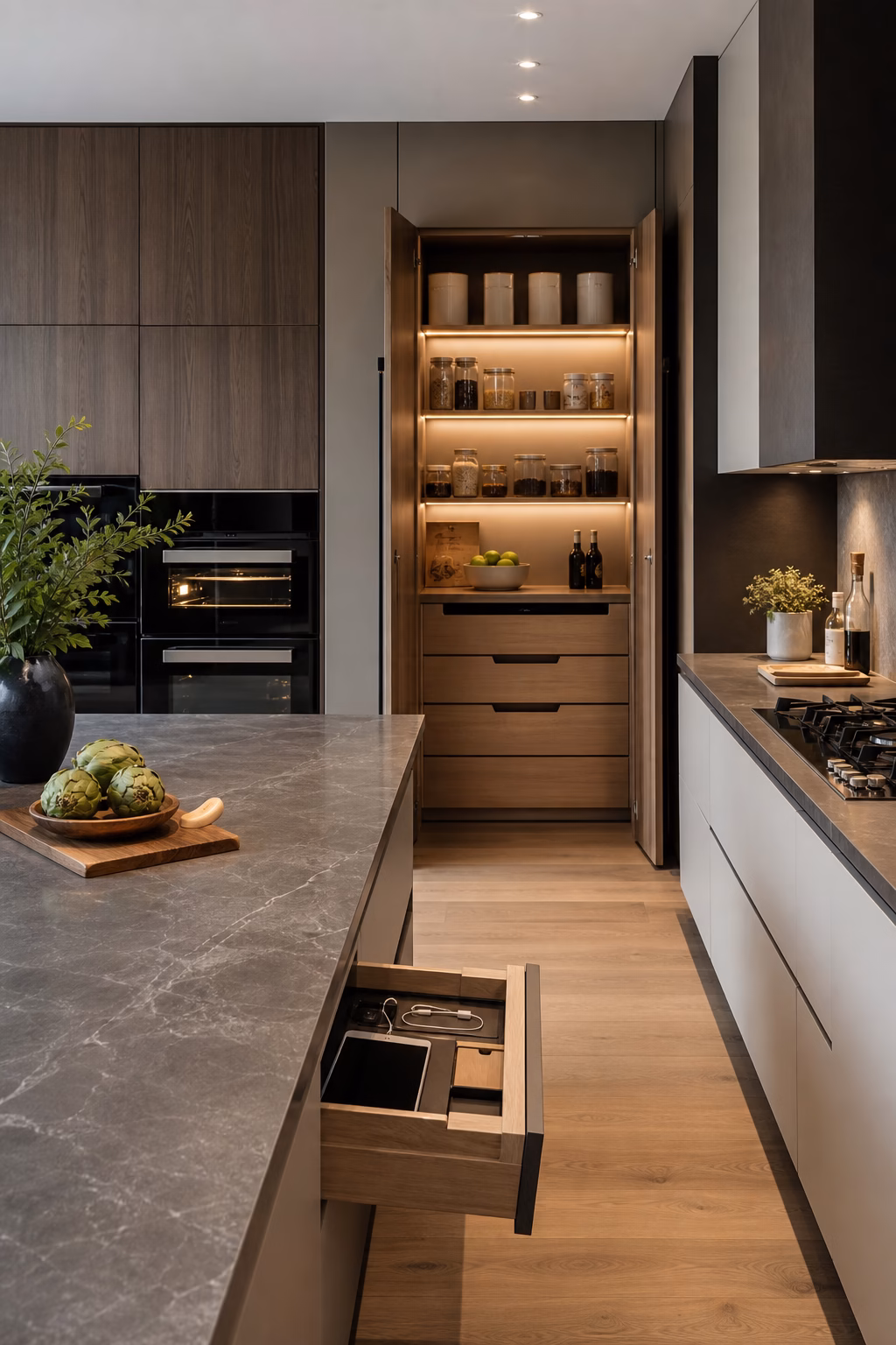 Polished kitchen with discreet smart storage, hidden charging, and integrated task lighting.