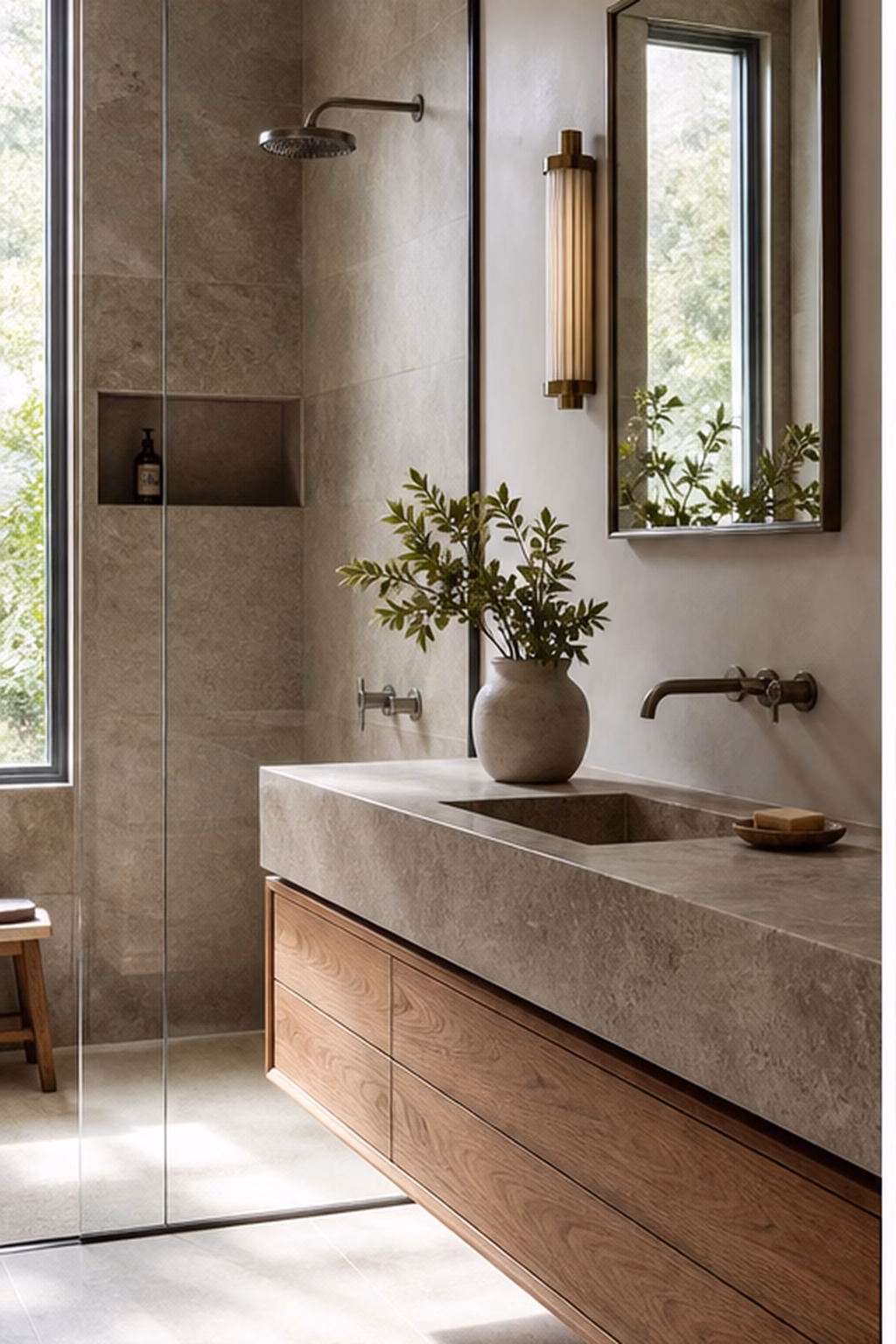Modern spa bathroom with honest stone wood and microcement materials