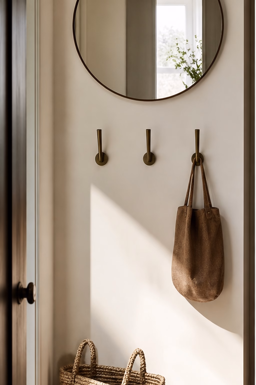 Round mirror with hooks below for daily small entry function