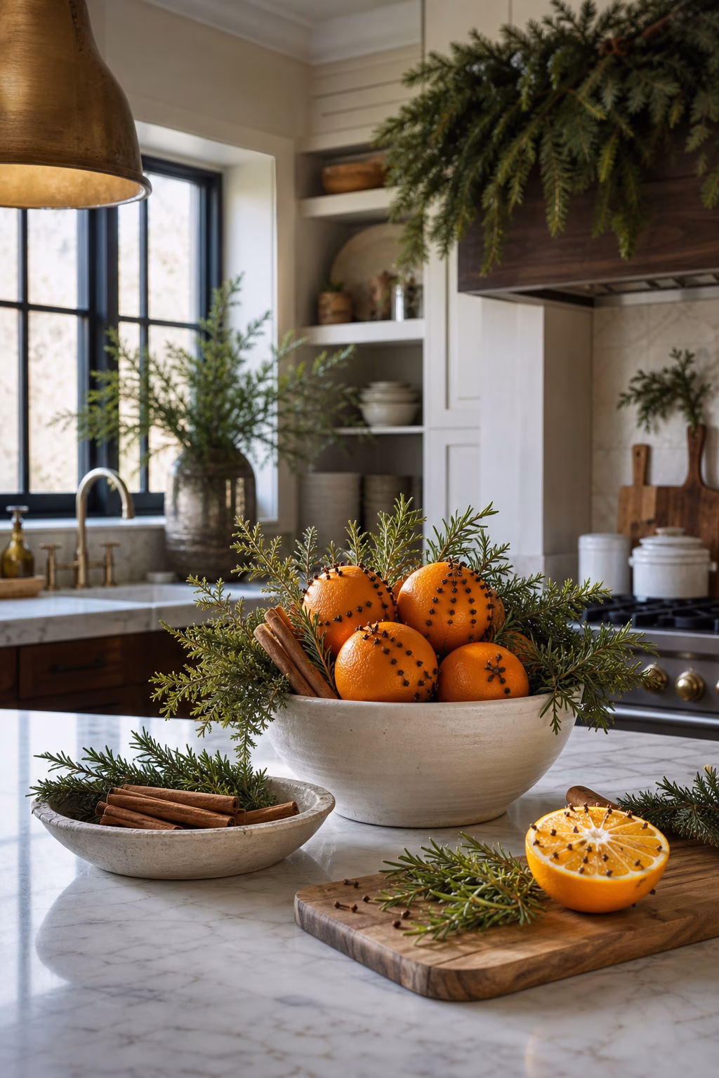 Natural holiday fragrance decor with citrus rosemary cinnamon and cedar