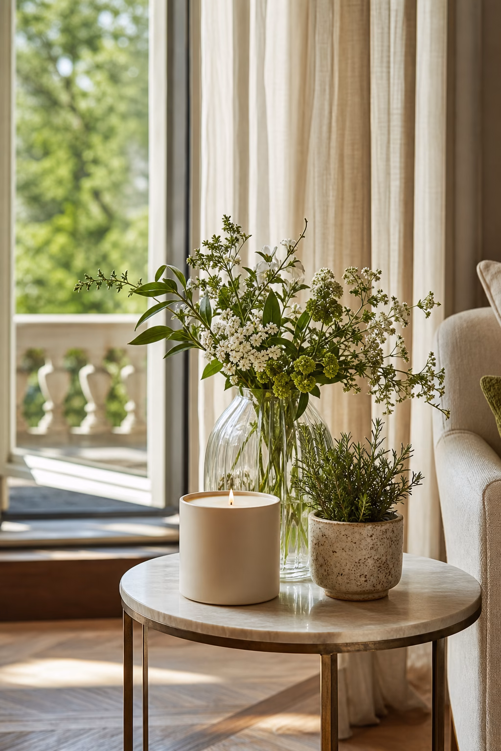 Light spring scented candle styled with herbs and open window
