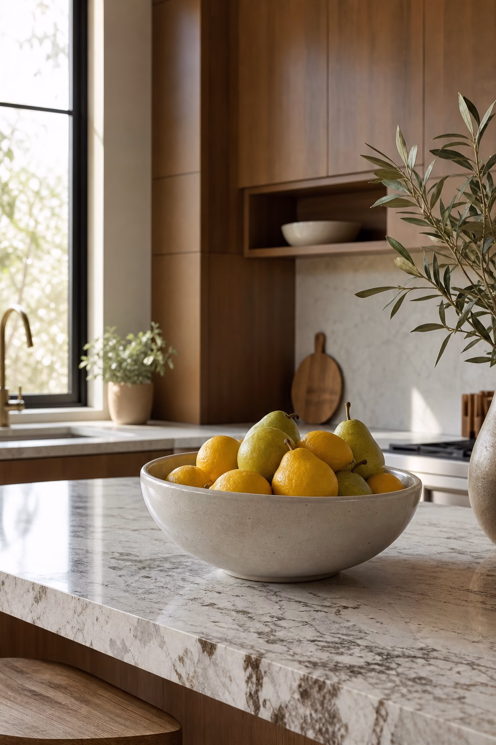 Ceramic bowl of real produce adding color to a sleek kitchen island