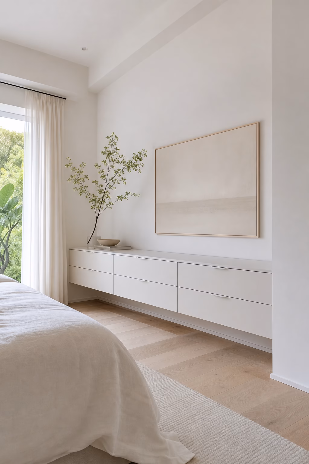 White bedroom with a low wall-mounted dresser, flat fronts, and minimal styling.