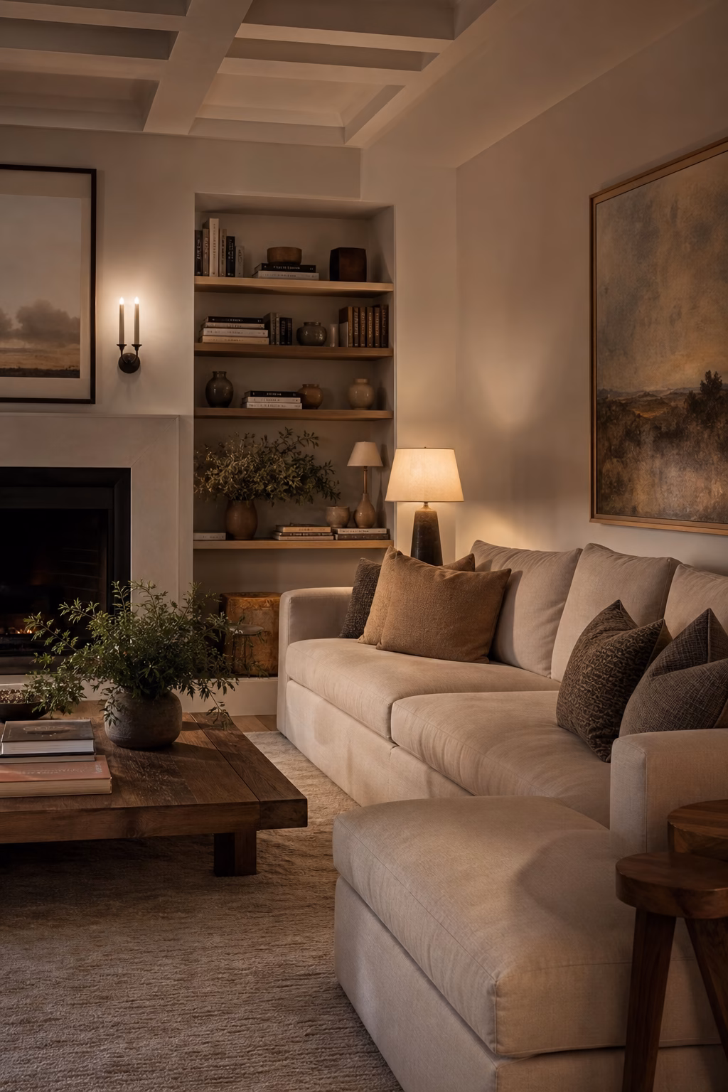Cosy living room at evening with warm lamps glowing and calm surfaces