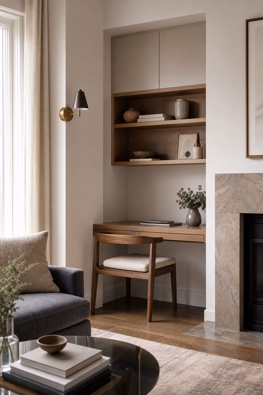 Apartment living room with compact disappearing desk and wall shelf