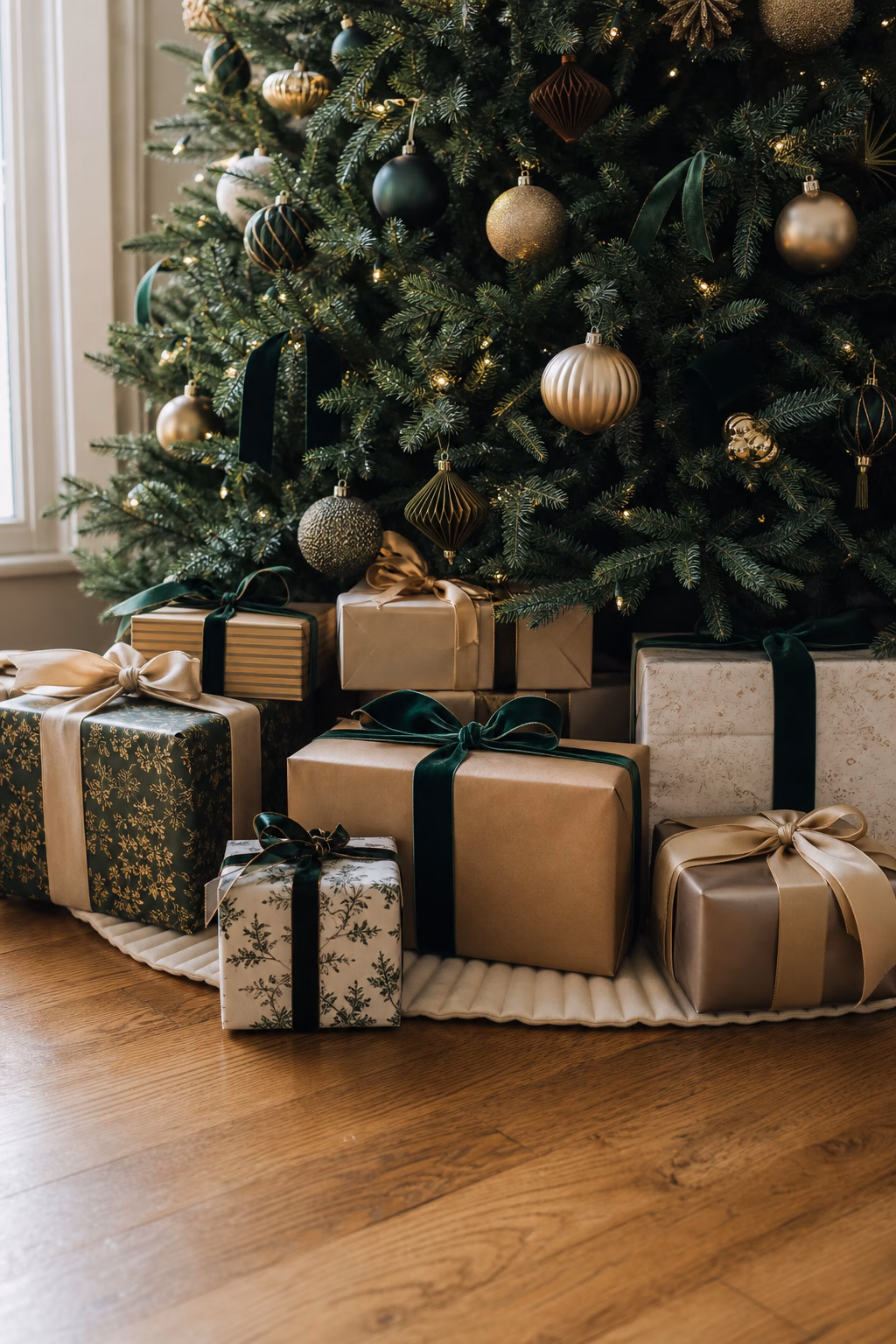 Muted ribbon-wrapped gifts styled neatly beneath a Christmas tree