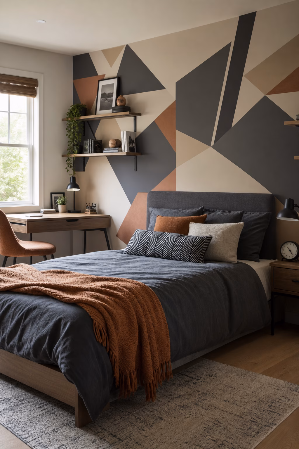 Geometric wall decals creating personality in a teen bedroom