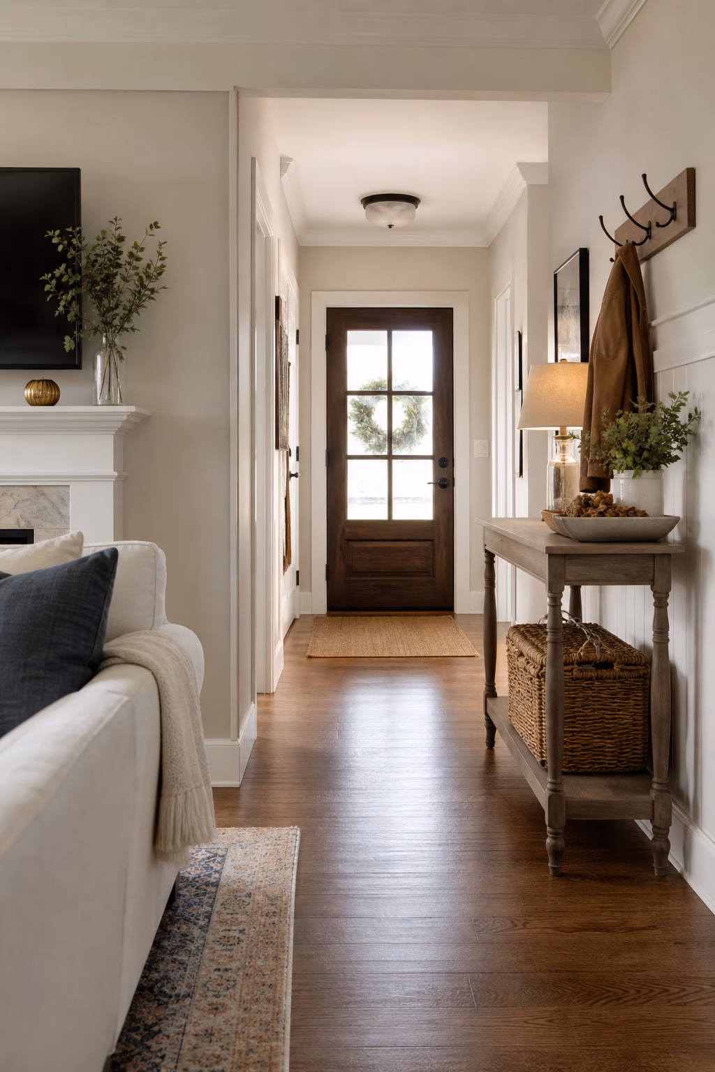 Cozy living room entry landing with narrow console, hooks, basket, tray, and lamp.