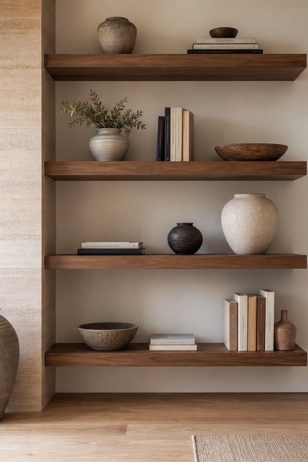 Floating wood shelves styled with ceramics, books, and open space.