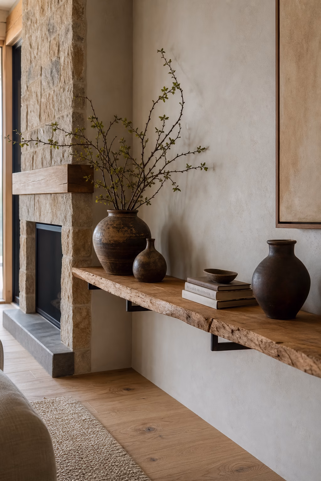 Live-edge wooden shelf displaying ceramics on a rustic wall