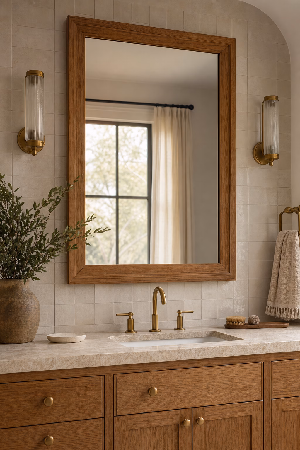 Wood framed bathroom mirror above a warm oak vanity and stone counter