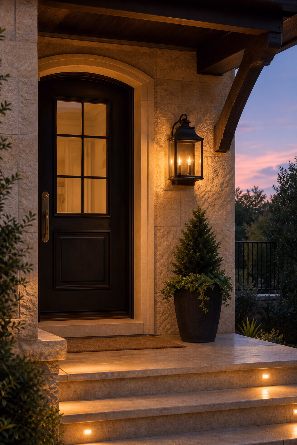 Covered home entry with outdoor rated lantern and warm welcome light