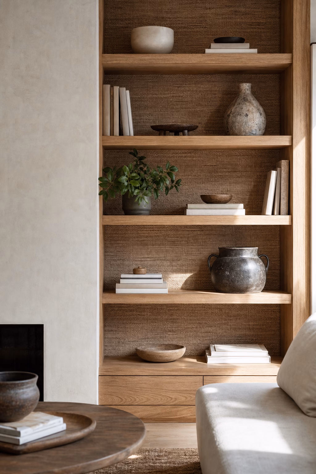 Durable woven wall hanging above a mudroom bench with baskets.