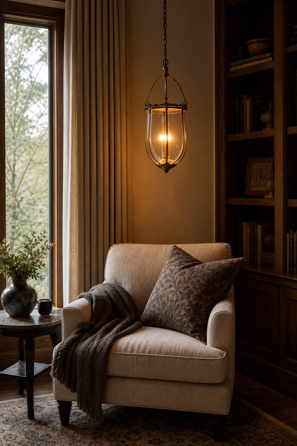 Lantern pendant hanging above a cozy reading corner