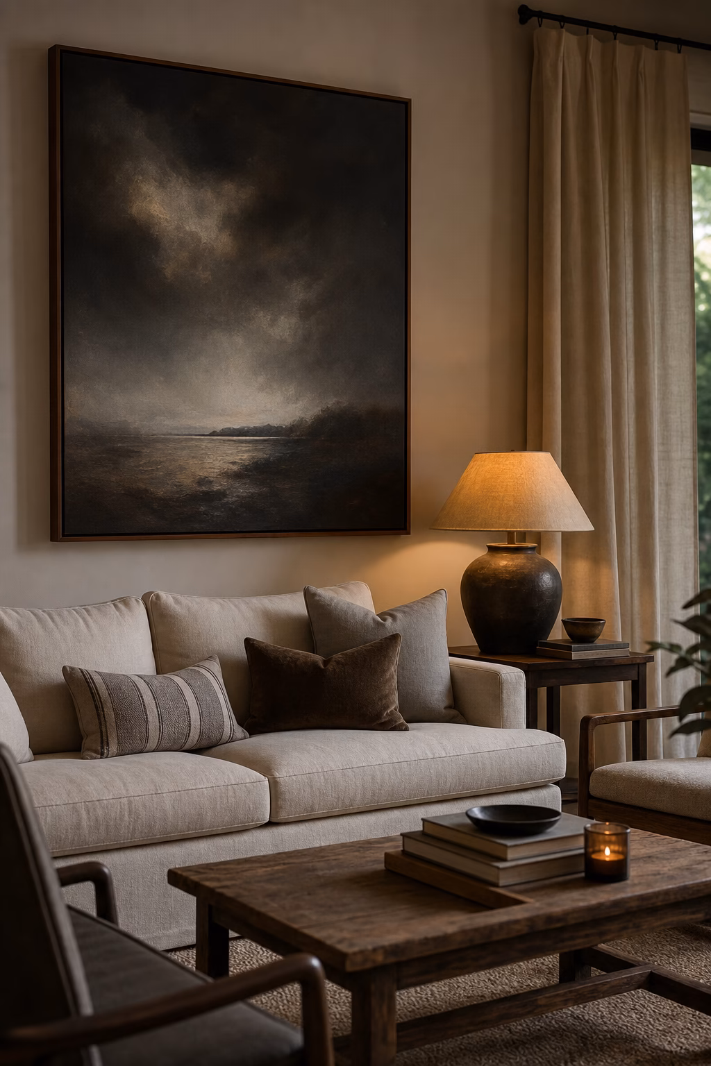 Moody painting anchoring a neutral living room
