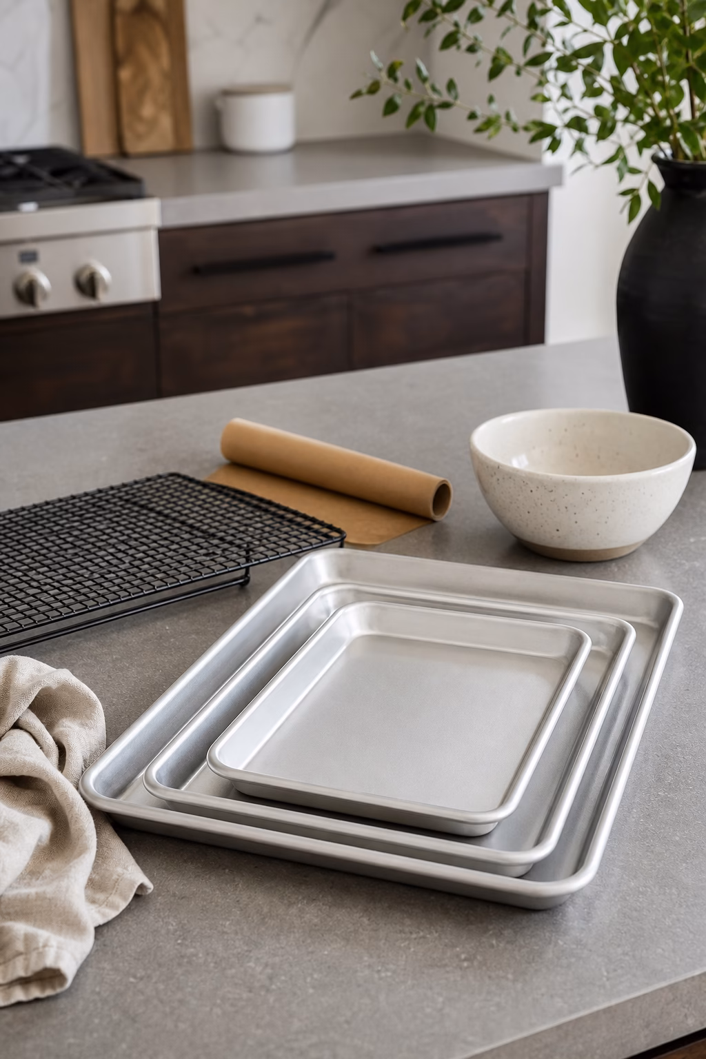 Nested rimmed baking sheets and wire cooling rack on a kitchen island