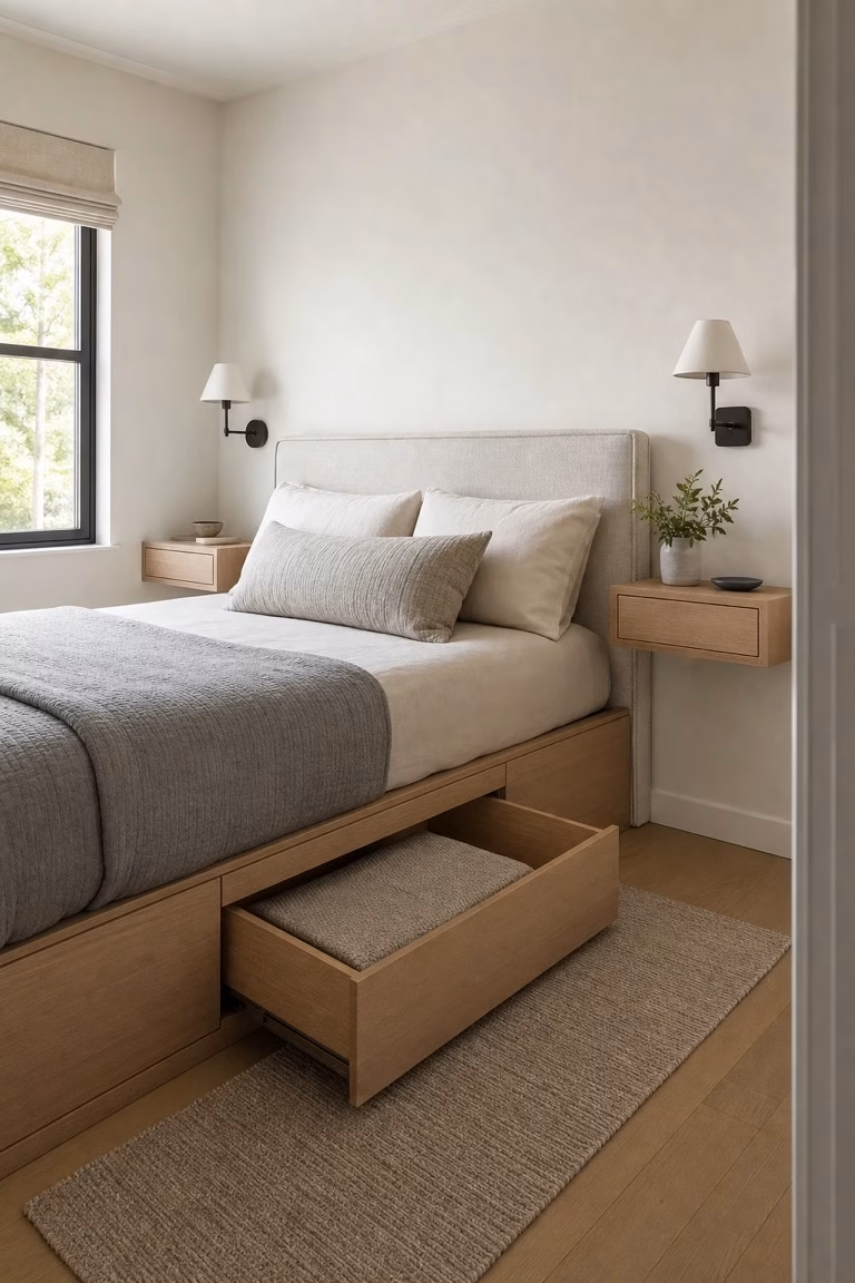 Floating nightstands keeping storage-bed drawers clear in a small bedroom.
