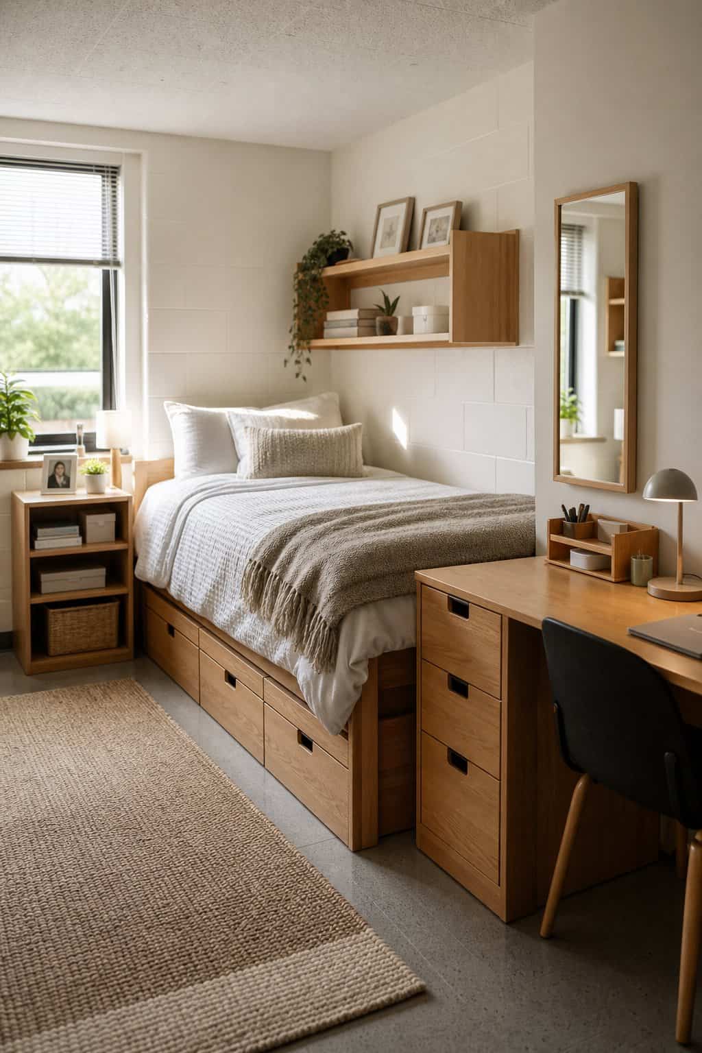 Single dorm room tied together with repeated light wood accents and neutral bedding.