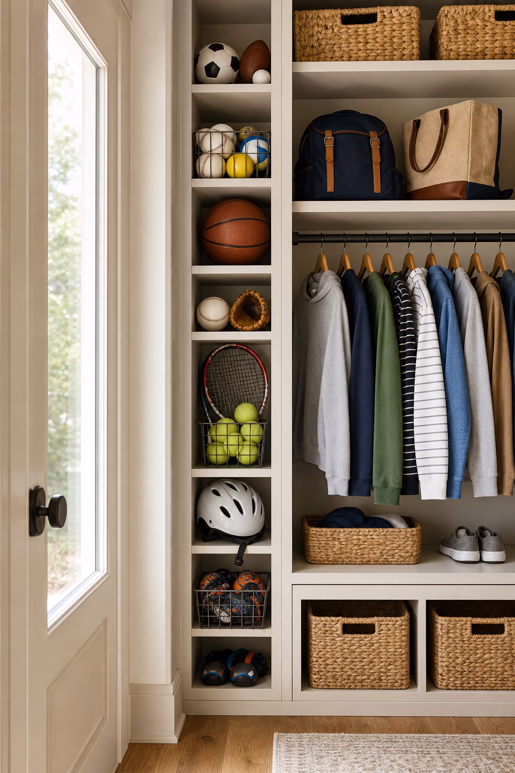 Kids closet with slim sports gear column, baskets, hooks, helmet storage, rackets, and adjacent clothing shelves.
