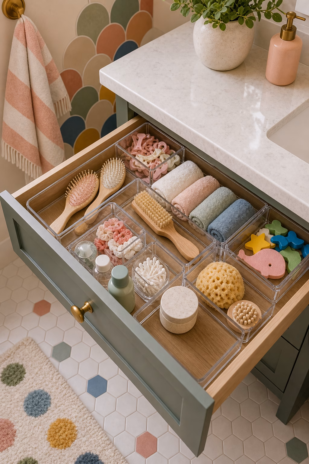 use acrylic organizers inside drawers shown in a polished kids bathroom with realistic materials and natural light.