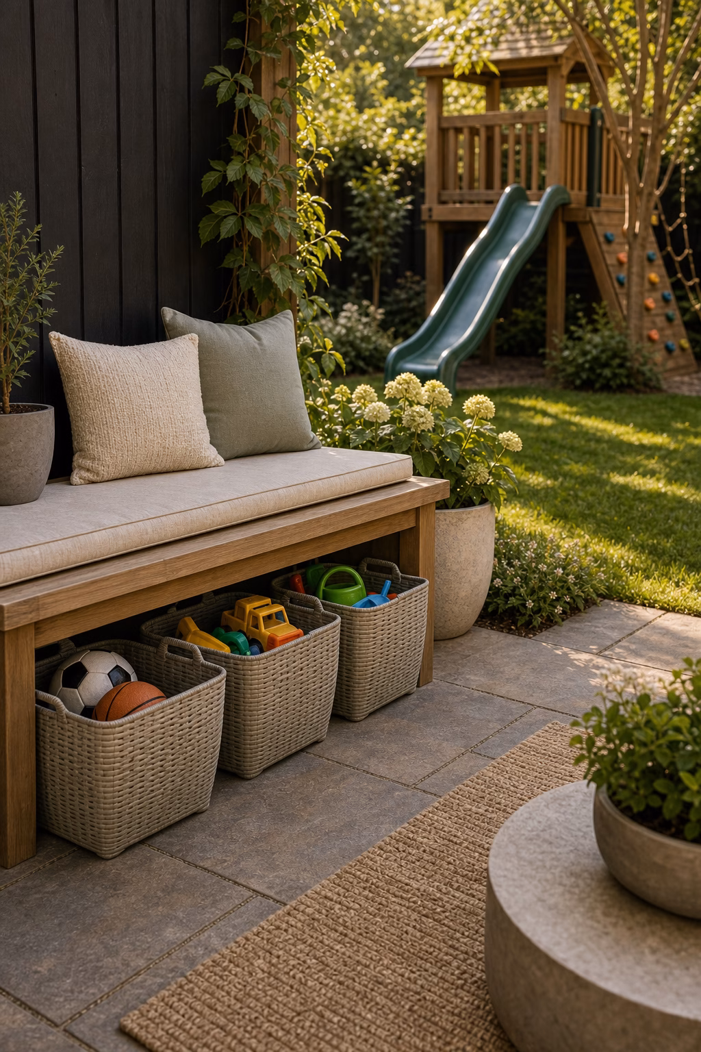 add weatherproof toy baskets shown in a polished kids backyard with realistic materials and natural light.