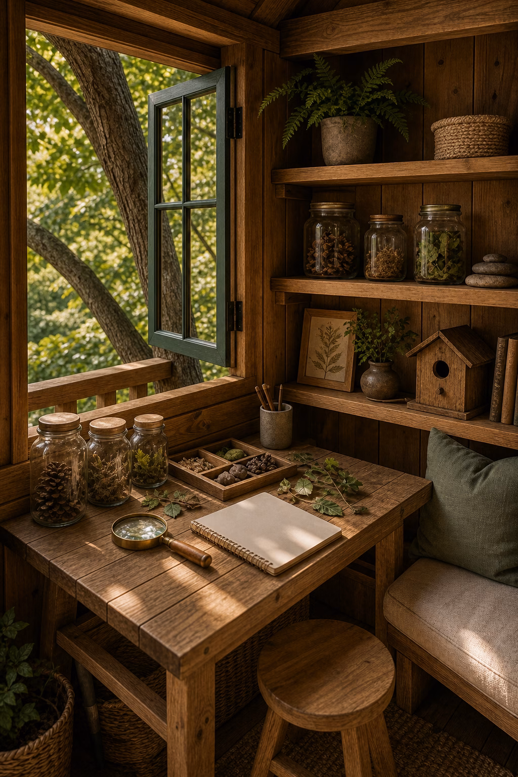 create a nature-study corner shown in a polished treehouse with realistic materials and natural light.