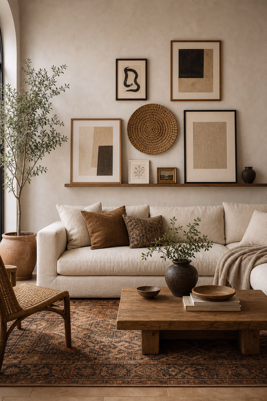 Boho living room gallery wall with abstract art woven piece and neutral sofa