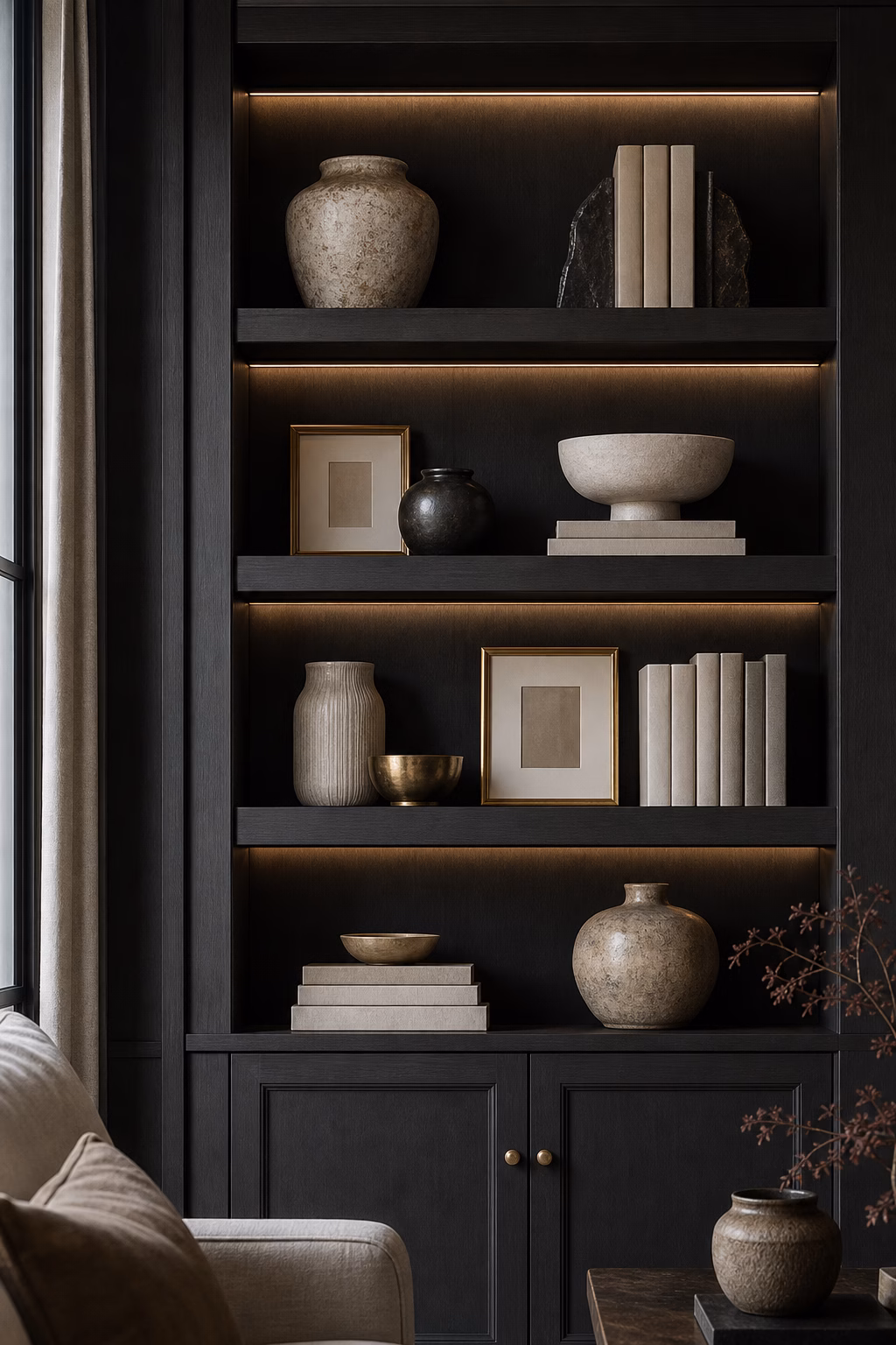 Dark charcoal shelves styled with pale ceramics and brass accents