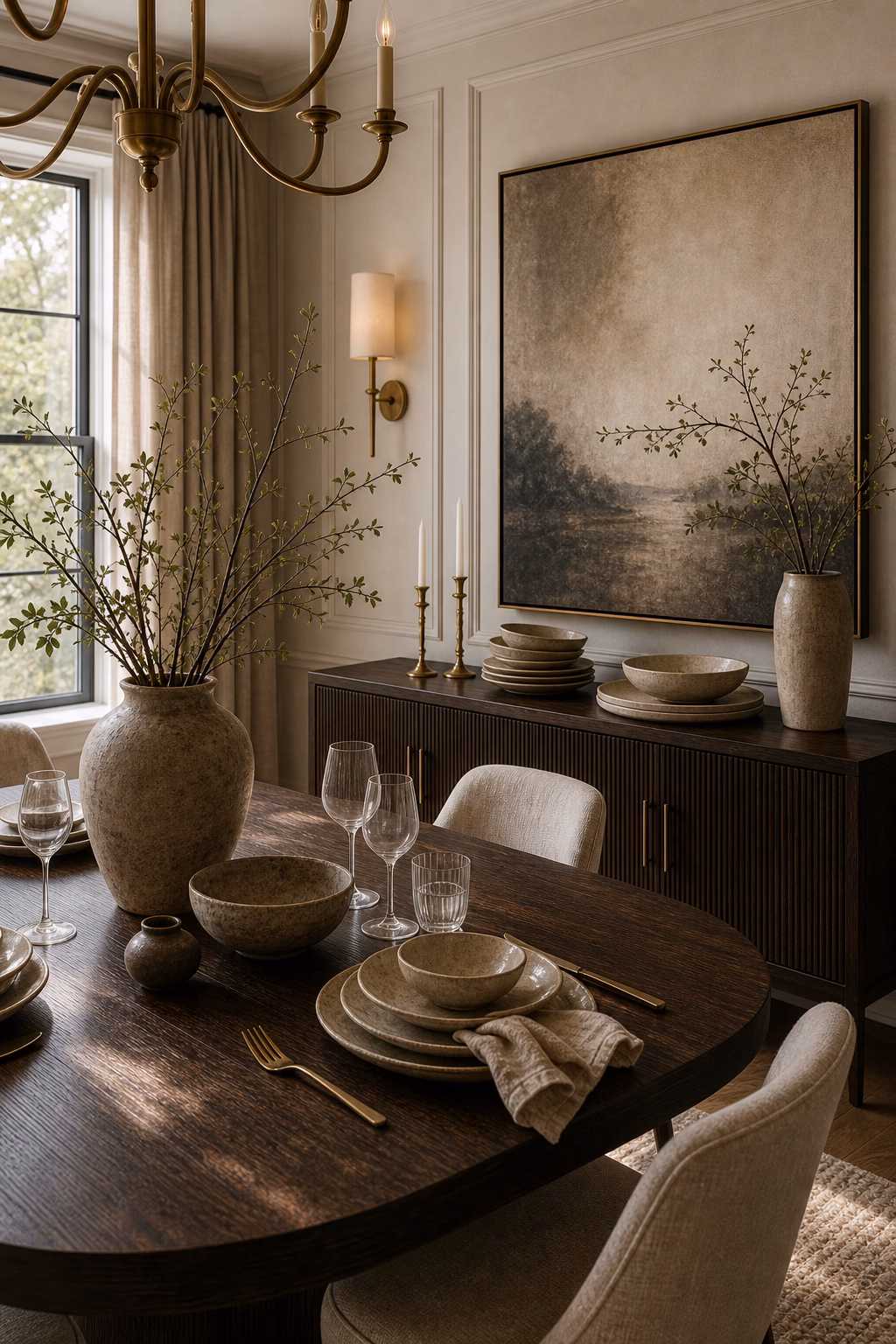 choose tableware as decor shown in a polished luxury dining room with realistic materials and natural light.