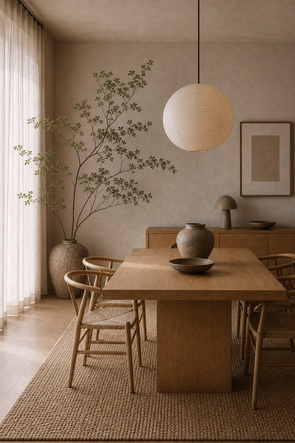 use greenery as a sculptural gesture shown in a polished Japandi dining room with realistic materials and natural light.