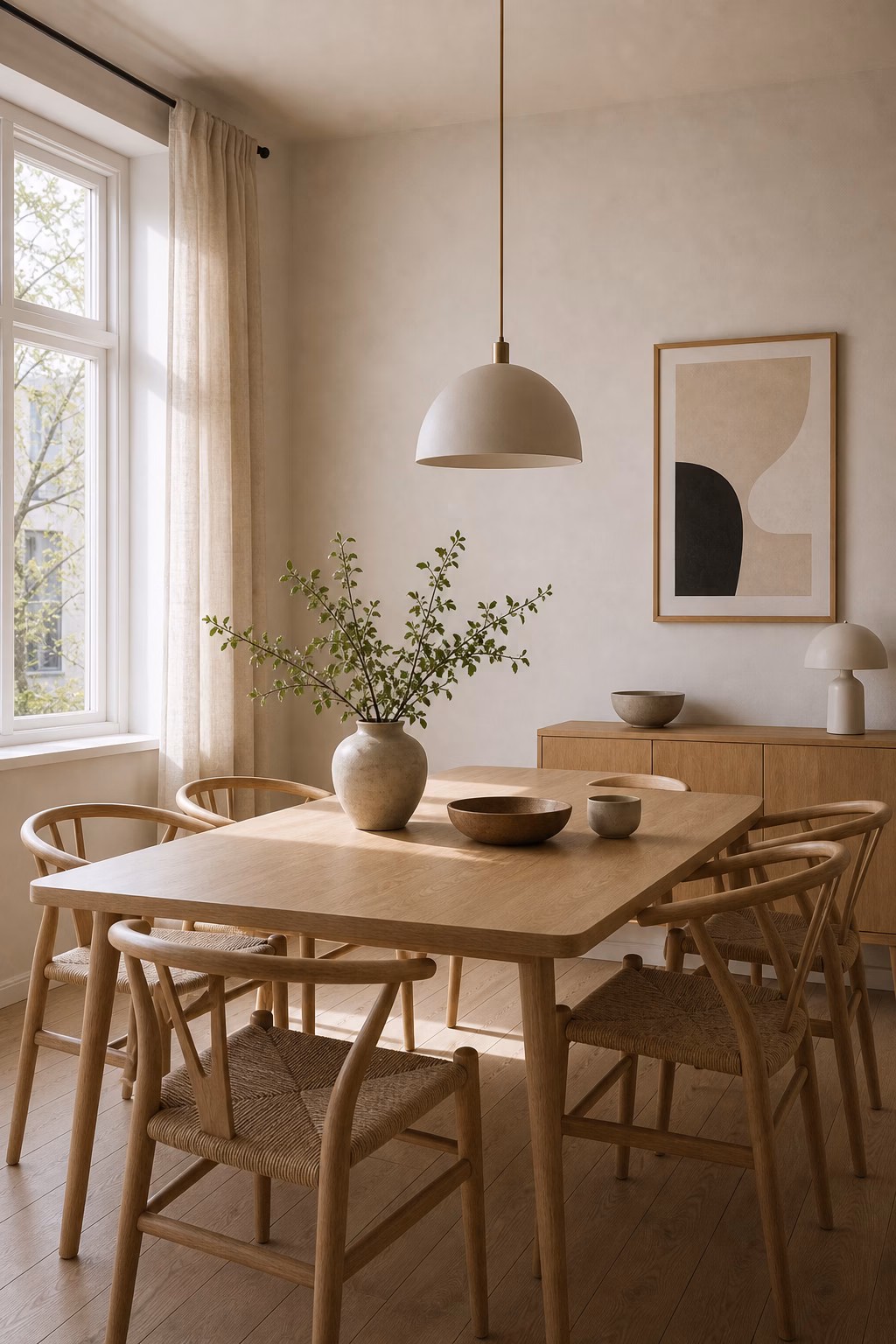 add one graphic art piece shown in a polished Scandinavian dining room with realistic materials and natural light.