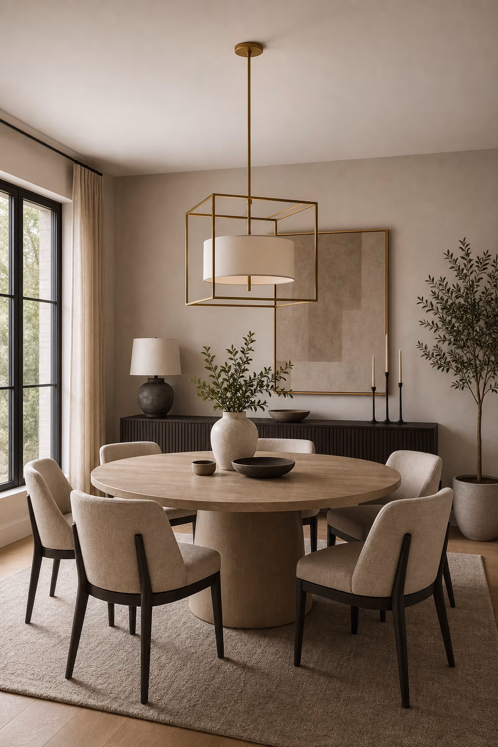 Round contemporary dining table with pedestal base in an elegant room.